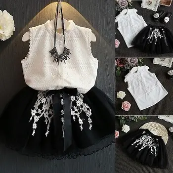 Cute Toddler Kids Girl White Lace Tops Shirts Tulle Skirts Girls Summer Outfits Sleeveless Princess Dress