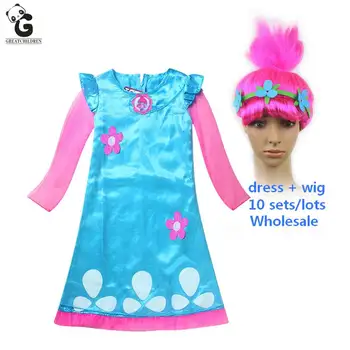 Wholesale 10 Pcs/lots Trolls Poppy Girls Dress Wig Cosplay Costumes Dress For Girl Bobo Choses Kids Dresses Party Child Clothes