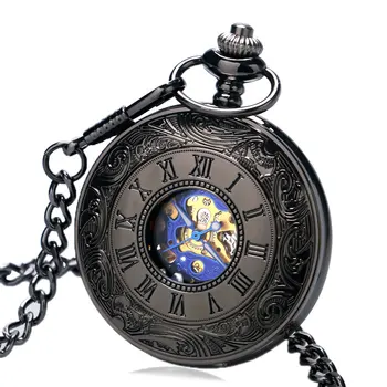 Luxury Hollow Black Case With Cool Blue Dial Skeleton Mechanical Pocket Watch With Chain Gift To Men Women
