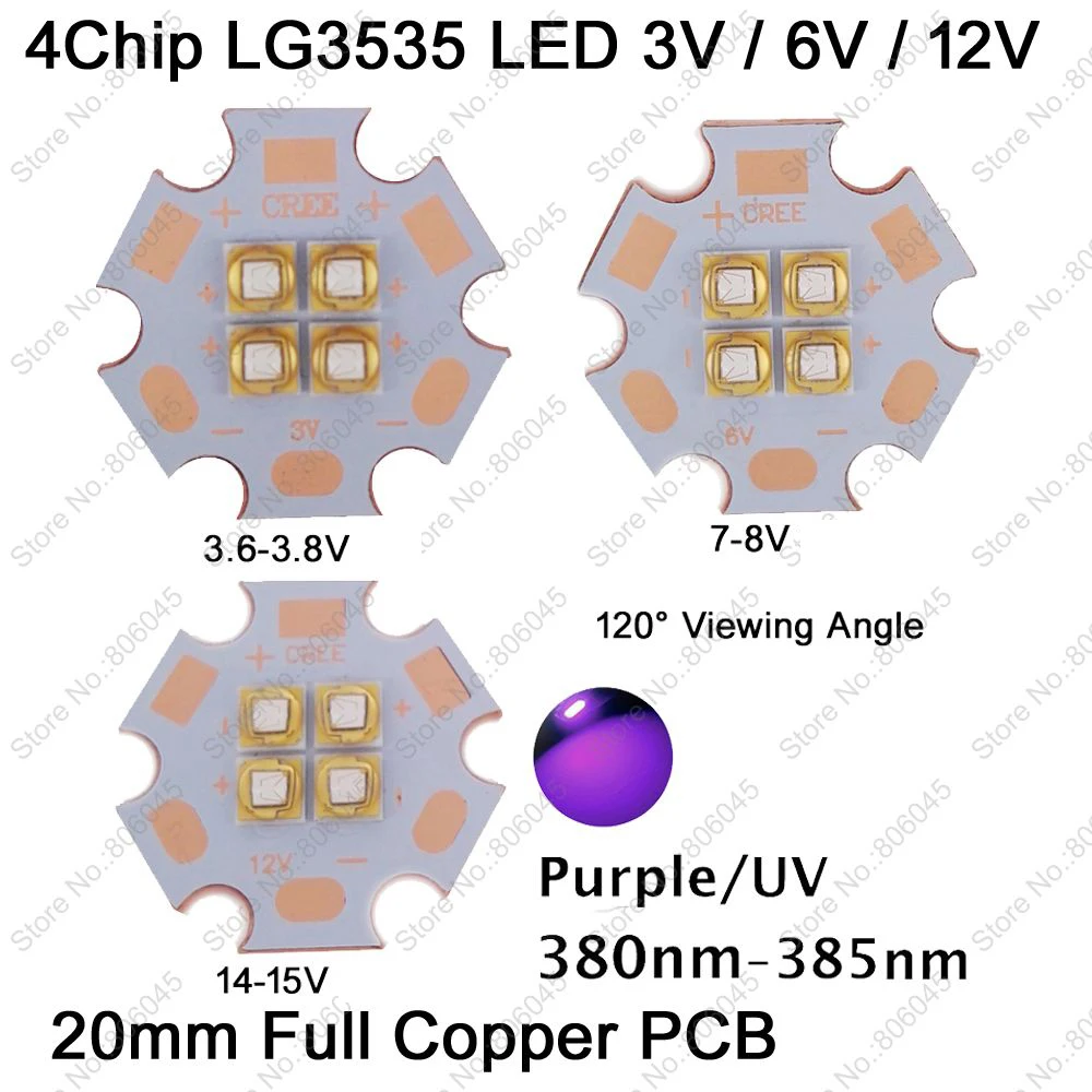 LG3535 3V 7V 14V 4Chip 10W High Power LED Emitter UV Ultraviolet 380nm - 385nm 120 Degree Viewing Angle on 20mm Copper PCB