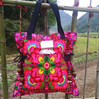 HOT 2 Colors Bohemia cotton embroidery women big shoulder Bags Hmong handmade beads accessories waist design canvas bags