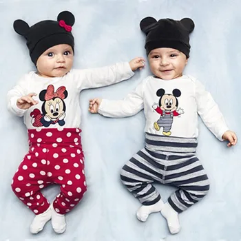 Baby Clothing Sets Spring Mickey Mouse Baby Boys Girls Clothes Long Sleeve Romper+Pants+Hats 3Pcs Suits Children Clothing B0144