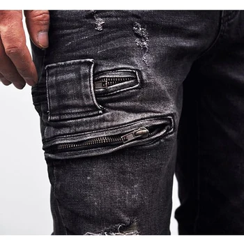 Fashion Black Man Slim Moto Biker Denim Jeans Skinny Pants Distressed Ripped Trourser Scratch with holes For Hiphop Men