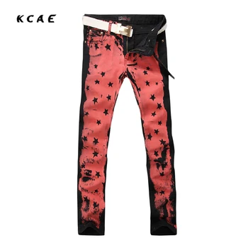 Men's fashion colored drawing print jeans Male slim fit thin denim pants Straight long trousers Black and Red