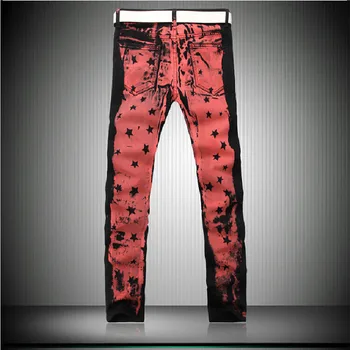Men's fashion colored drawing print jeans Male slim fit thin denim pants Straight long trousers Black and Red
