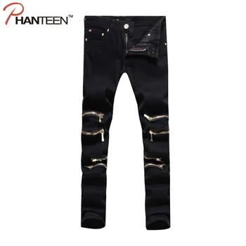 Black Color Cotton Elastic Man Jeans Multi Metal Zipper Rock And Roll Punk Pencil Pants Slim Suit Fashion Men Trousers