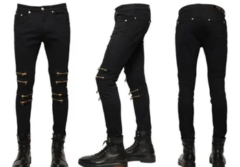 Black Color Cotton Elastic Man Jeans Multi Metal Zipper Rock And Roll Punk Pencil Pants Slim Suit Fashion Men Trousers