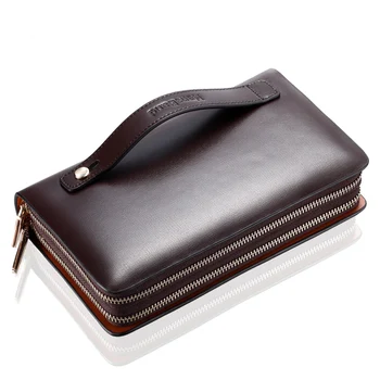 New Brand Split Leather Men's Clutch Bags Business Handbags Double Zipper Large Capacity Phone Wallet Hand Bags Clutch Purse