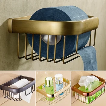 Wall Mounted Bathroom Shelf Brass Golden Paper Tissue Holder Toilet Paper Basket