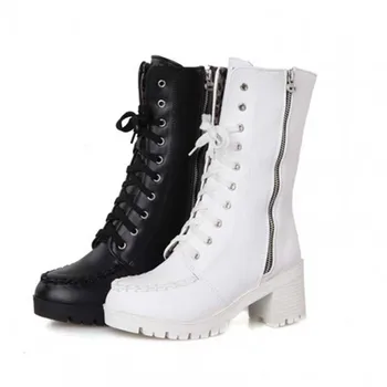 Aifour New Women Boots Zipper Lace Up Platform Boots Round Toe Mid High Heel Martin Boots for Women Bog Size 34-43 Sale