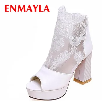 ENMAYLA Summer Women Boots Chunky High Heels Peep Toe Laides Lace Uppers White Wedding Shoes Black Platform Ankle Boots Women