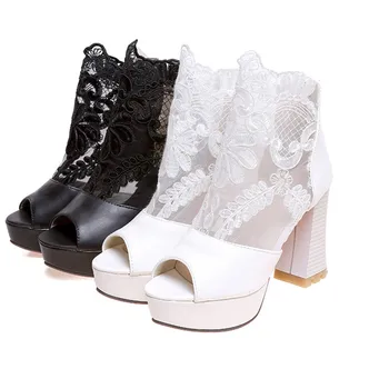 ENMAYLA Summer Women Boots Chunky High Heels Peep Toe Laides Lace Uppers White Wedding Shoes Black Platform Ankle Boots Women