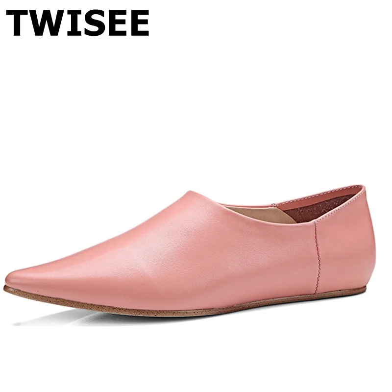 TWISEE Genuine Leather sapatos femininos flat shoes woman Pointed Toe Comfortable summer flats Solid woman casual shoes