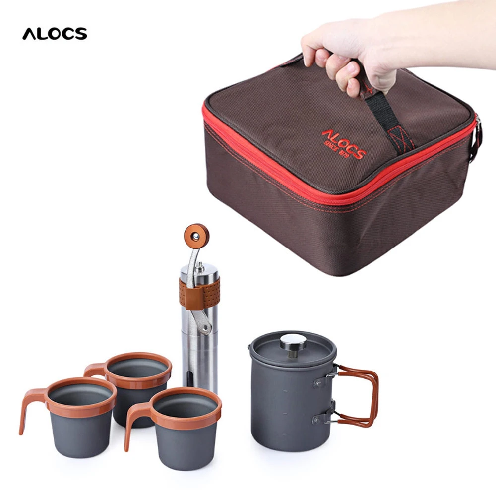 ALOCS 600ML Outdoor Home Stainless Steel French Press Pot Kit Hand Manual Coffee Bean Mill Grinder + 3 Cup Stir Bar for Picnic