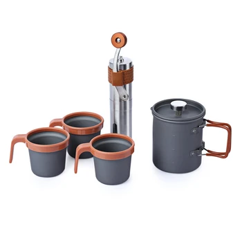 ALOCS 600ML Outdoor Home Stainless Steel French Press Pot Kit Hand Manual Coffee Bean Mill Grinder + 3 Cup Stir Bar for Picnic