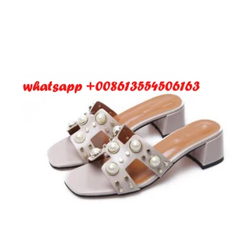 New fashion thick heels woman sandal 2017 sexy open toe high heel shoes white pearl decorations slipper studded sandal