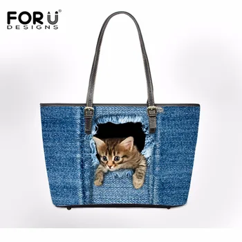 FORUDESIGNS Denim 3D Cat Pu Leather Handbag For Women Bags Large Capacity Woman Shoulder Bag Bolsa Feminine Messenger Tote Bolsa