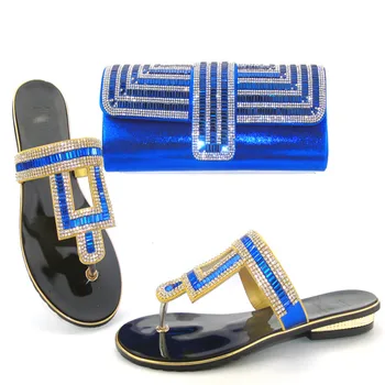 Blue Color Shoes and Bag Set Decorated with Rhinestone Matching Italian Shoes and Bag for Wedding Nigerian Shoes