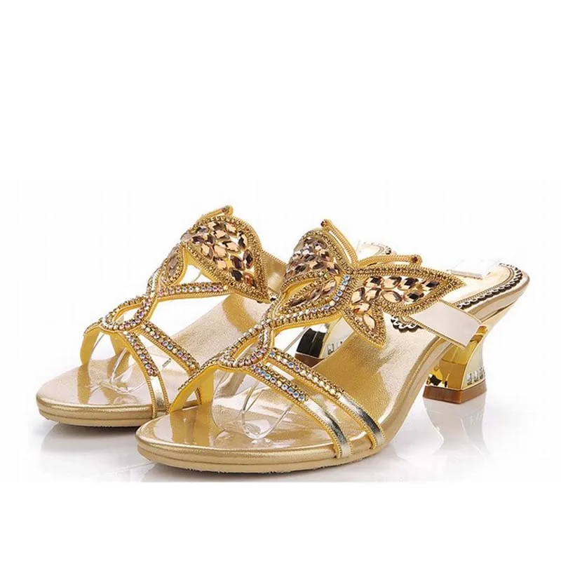 2017 new fashion women thick high heels sandals gold butterfly rhinestone comfortable slippers summer ladies party wedding shoes