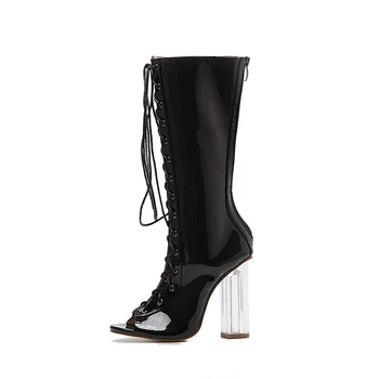 MoBeiNi Black PVC Shoes Women Pumps Summer Roman Cool Boots Fashion High Heels Sexy Open Toe Transparent Crystal Heel Sandals