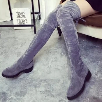201 Western Style Winter Over The Knee Boots Square High Heel Women Boots Sexy Ladies Lace Up Fashion Boots Size34-40