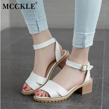MCCKLE Women Casual Shoes Female Ankle Straps mid heel Roman Sandals Ladies Summer Comfort Fashion Sandals
