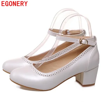 EGONERY New Quality Round Toe Sweet Strap Buckle Air Spring 5 cm Heels Women Shoes Pumps Girl Shoe Top Size