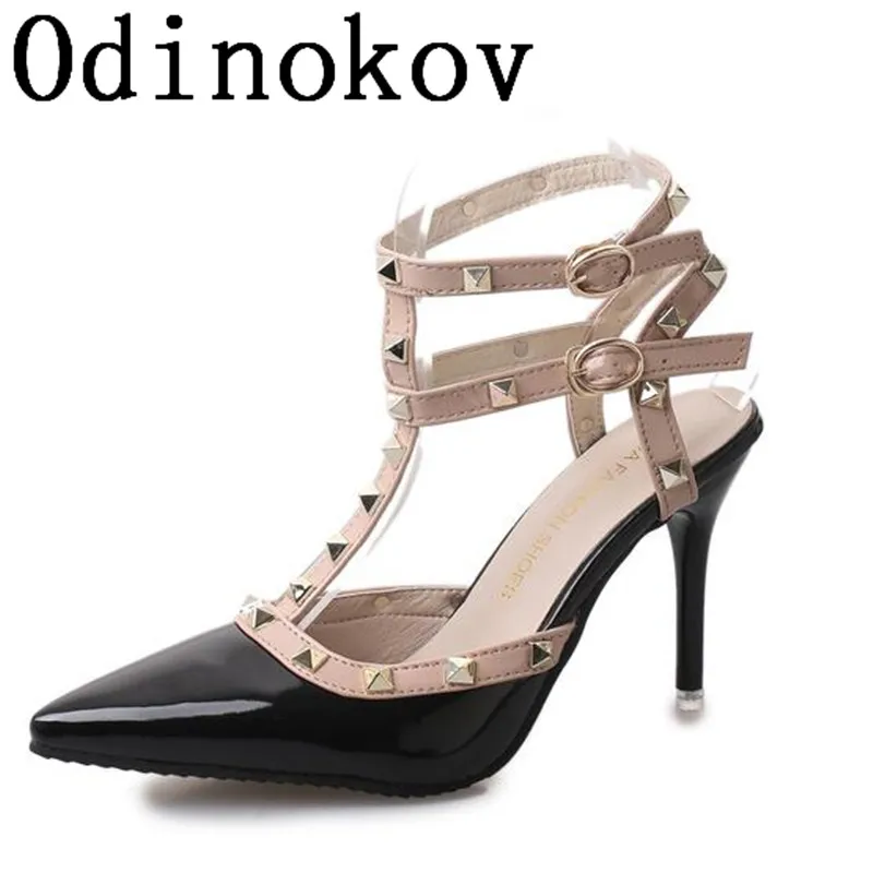 Odinokov Luxury Rivets Pumps Brand Designer Metal Rivets Leather Heel Shoes T-Strap Pumps Women Sandals High Heels