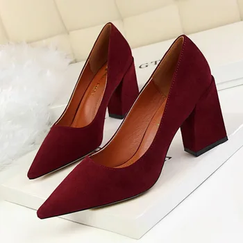 Size 34-39 Hot 2017 Sexy Flock Women Pumps Shallow Color Block Thick Heel Heels Shoes Red Black Pink Office Working Shoes Woman