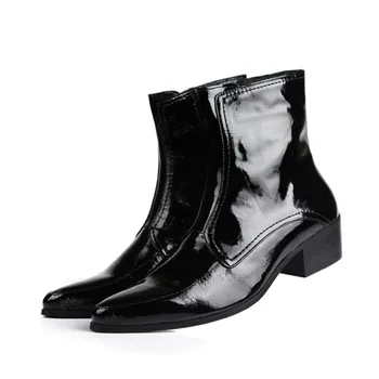 TOP Quality Fashion Black Mens Patent Leather Ankle Boots Genuine Leather Boots Mens Winter Shoes Motorcycle Boots