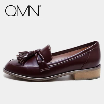 QMN genuine leather women moccasins for Women Tasseled Glossy Leather Loafers Slip On Shoes Woman Flats Zapatillas Mujer 34-39