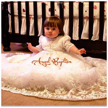 Girls Boys Christening Gown Baby Dresses White/Ivory Lace Appliques Half Sleeves Cotton Lining Baptism Robe With Bonnet