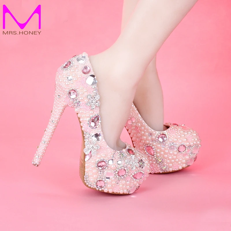 2016 Newest Design Sweetness Pink Color Bridal Wedding Shoes Princess Girl Birthday Party High Heels Graduation Prom Dress Shoes