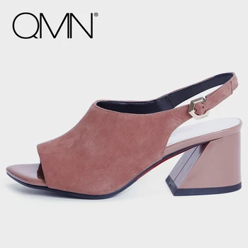 QMN genuine leather women sandals Women Open Toe Natural Suede Slingbacks Slip On Summer Shoes Woman Sandalias Mujer 34-40