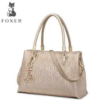 FOXER New Superior cowhide genuine leather women bag leather designer brands tote Embossing women shoulder leather bag
