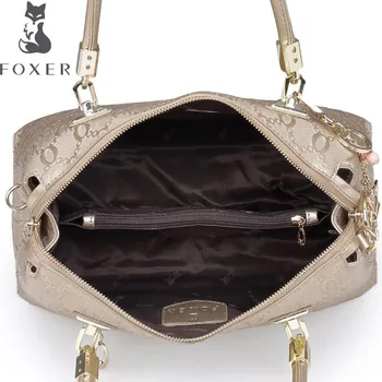 FOXER New Superior cowhide genuine leather women bag leather designer brands tote Embossing women shoulder leather bag
