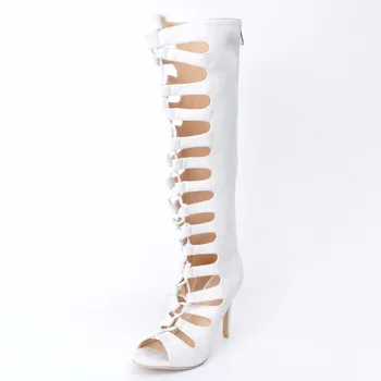 White Peep Toe Lace-up Knee Boots For Women Hollow Out Summer Shoes Ladies 2017 New Real Images Back Zipper Plus Size 34-45