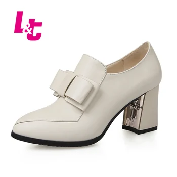 L&T women pumps genuine leather subber hoof high heels sapato feminino classic mary janes bow platform ladies shoes