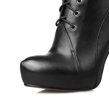 L&T women high heels ankle boots genuine leather rubber motorcycle boots calzado mujer round toe zipper lace-up ladies shoes