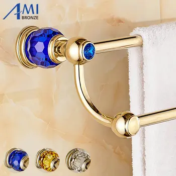 Golden Polish Copper With Crystal Double Towel Bar Continental Bathroom Accessories Sanitary Wares Towel Rack Towel Shelf