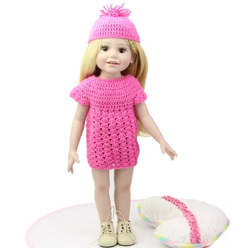 2016 New Style American Girl Baby Doll 18 Inch FUll Vinyl Smiling Princess Dolls Wearing Dark Pink Knitted Dress Kids Xmas Gift
