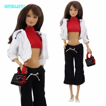 5in1 Sport Outfit Mordern Casual Wear White Coat Red Vest Black Trousers Handbag Shoes Clothes For Barbie Kurhn FR Doll Toy Gift