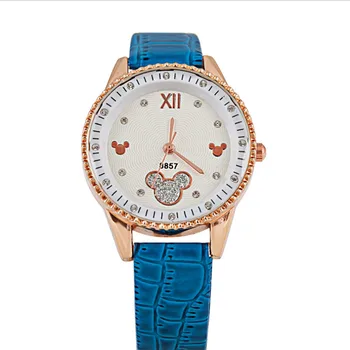 2017 Fashion Cute Mickey Mouse diamond Wristwatch Waterproof Leather Brand Quartz Watch Girls Clock Watch