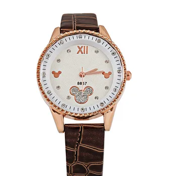 2017 Fashion Cute Mickey Mouse diamond Wristwatch Waterproof Leather Brand Quartz Watch Girls Clock Watch