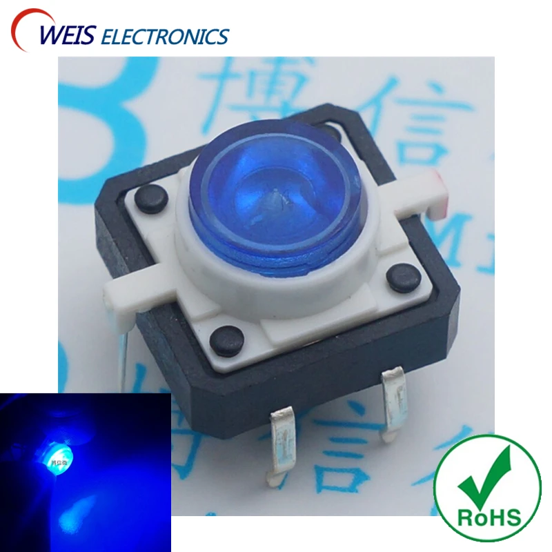 10PCS 12x12x7.3mm Push button switch with blue light led 12*12*7.3mm tact switches DIP 6PIN copper feet ROHS D.