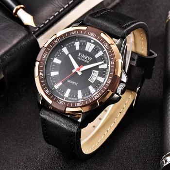 XINEW New Luxury Men's Watch Quartz Clock Fashion Date Day PU Leather Ananlog Man Sport Military Wrist Watch relogio masculino