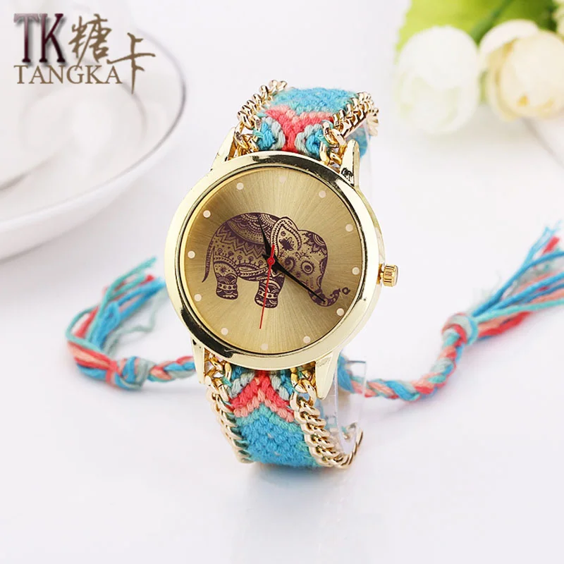 TANGKA 2017 fashion retro weaving golden women bracelet watches round elephant Ladies dress quartz Quartz Wristwatches clock