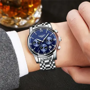 GUANQIN New Brand Luxury Business Men's Watch Full Stainless Steel Quartz-Watch Full Function Fashion Gift Watch For Men