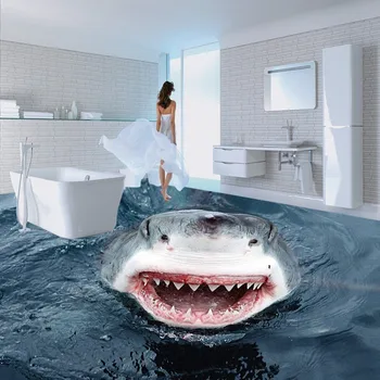 High - definition terror shark 3D floor map wallpaper bathroom office studio non-slip floor wallpaper mural