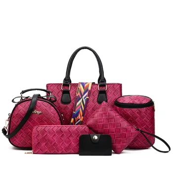 2017 New Composite Bags Women Female Bags 6 Pieces/Set Weave pattern Print Leather Shoulder Bags Handbags&Crossbody
